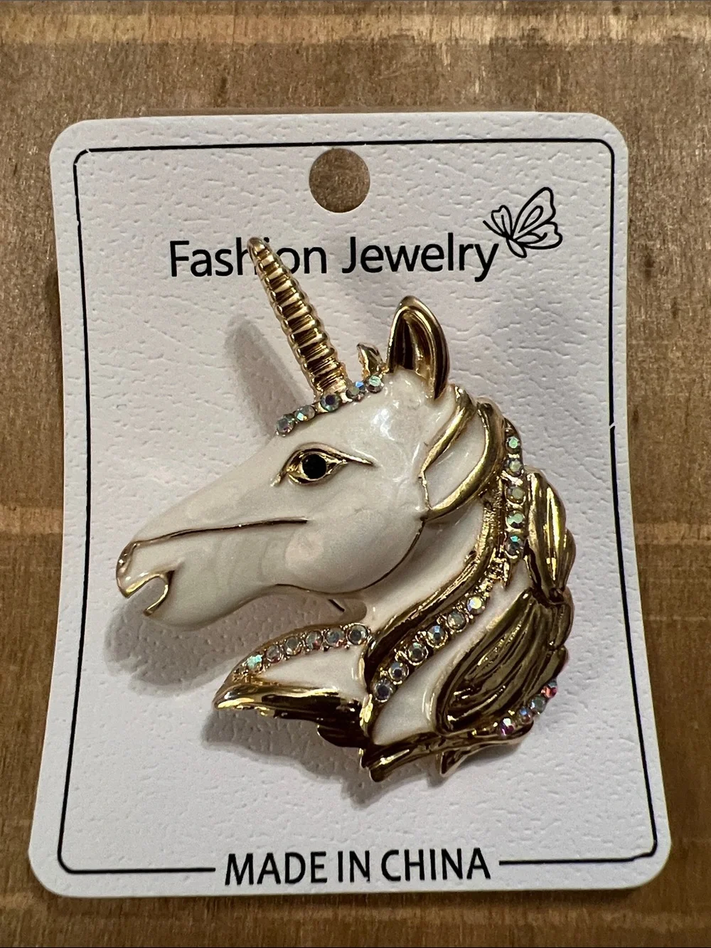 3/$18 Fashion Jewelry White & Gold Unicorn Head Brooch with Rhinestones Lot 6054